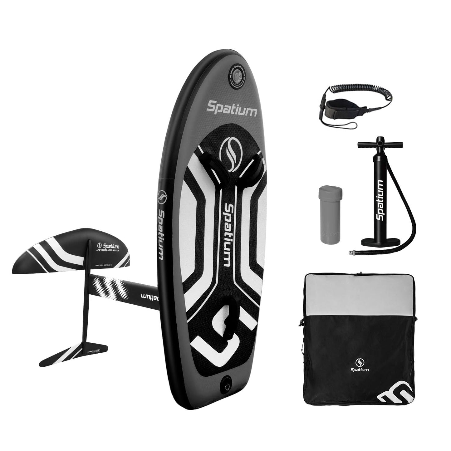 Spatium Hydrofoil Board voor surfen met draagvleugelaccessoires Inflator Pomp, rugzak, veilige riem, Fix Kit Wing Foil Board Surf Hydrofoil Surfboard Grijs