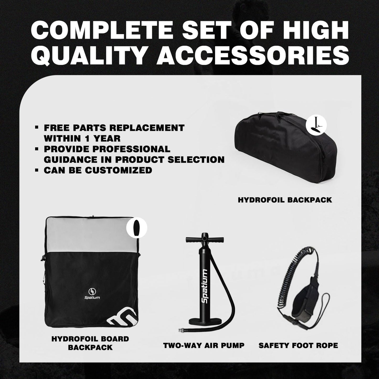 Spatium Hydrofoil Board voor surfen met draagvleugelaccessoires Inflator Pomp, rugzak, veilige riem, Fix Kit Wing Foil Board Surf Hydrofoil Surfboard Grijs