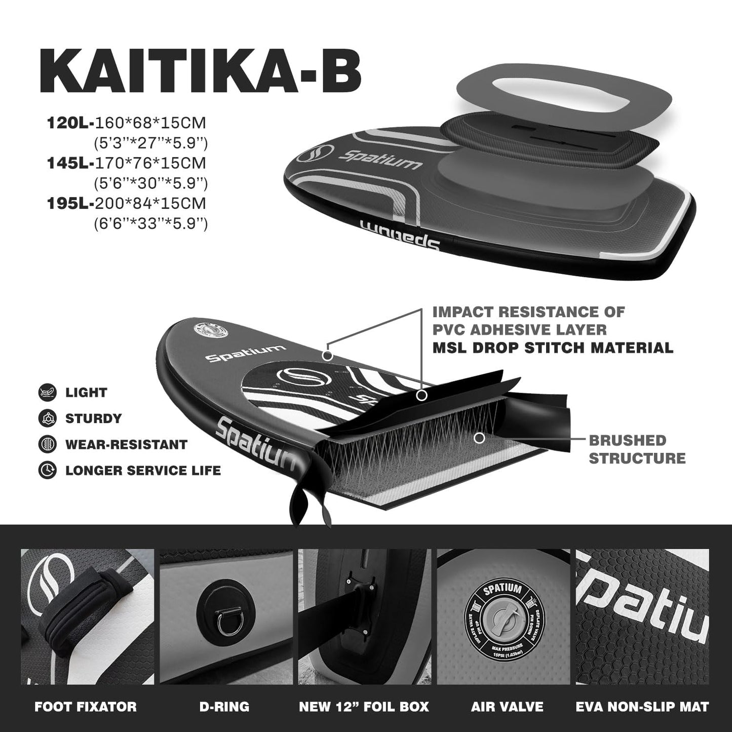 Spatium Hydrofoil Board voor surfen met draagvleugelaccessoires Inflator Pomp, rugzak, veilige riem, Fix Kit Wing Foil Board Surf Hydrofoil Surfboard Grijs